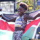 Peres Jepchirchir of Kenya celebrates her first place finish of the Women’s division of the 2021 TCS New York City Marathon in Central Park on November 07, 2021 in New York City.
